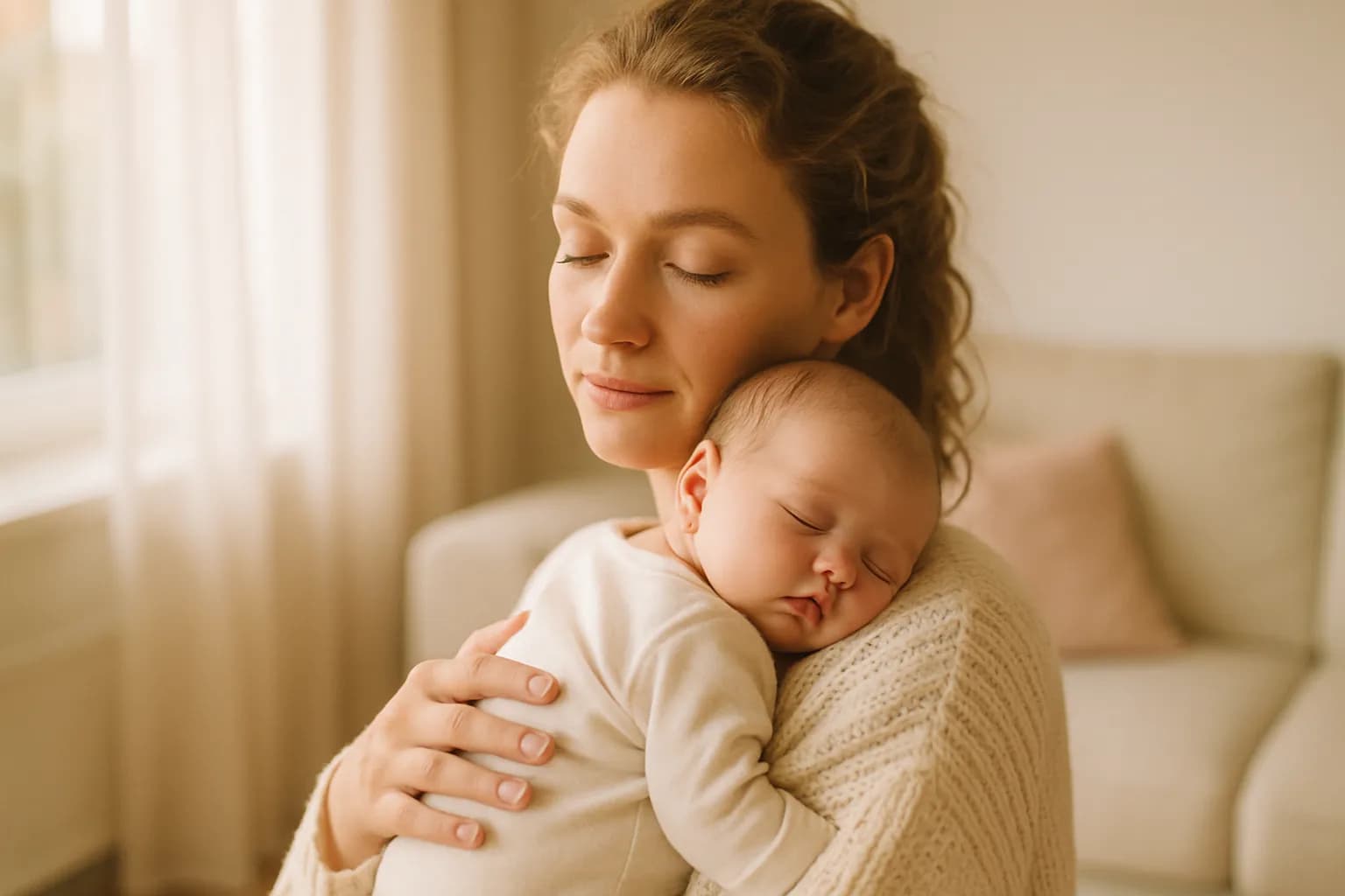 Moeder houdt haar slapende pasgeboren baby vast